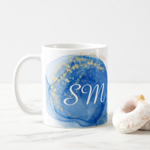 Modern Blue and Gold Alcohol Ink Art Custom Name Coffee Mug