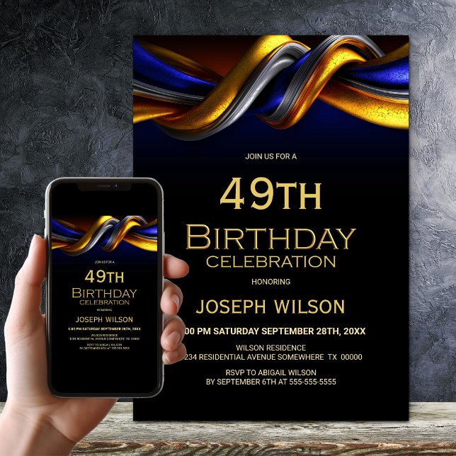 Modern Blue and Gold Any Age Birthday Party Invitation (Creator Uploaded)