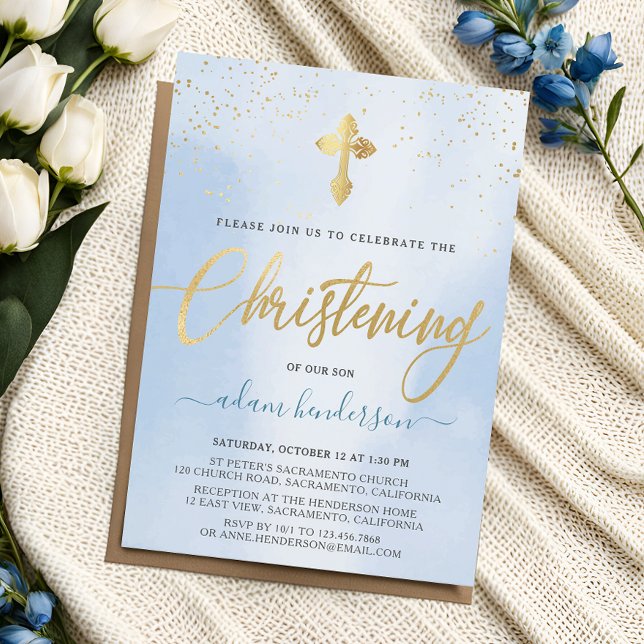 Modern Blue And Gold Boy Christening Invitation (Creator Uploaded)