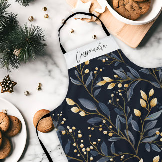 Modern Blue And Gold Christmas Leaf Apron