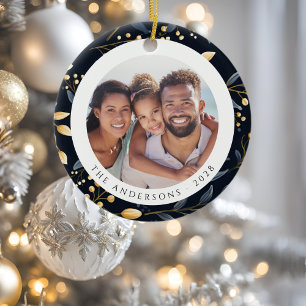 Modern Blue And Gold Christmas Leaf Round Photo Ceramic Tree Decoration