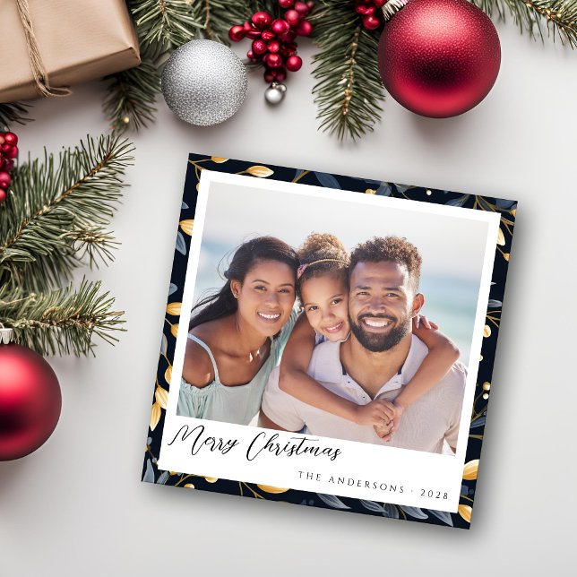 Modern Blue And Gold Christmas Leaf Square Photo Holiday Card (Elegant Blue and Gold Leaves Square Christmas Card)