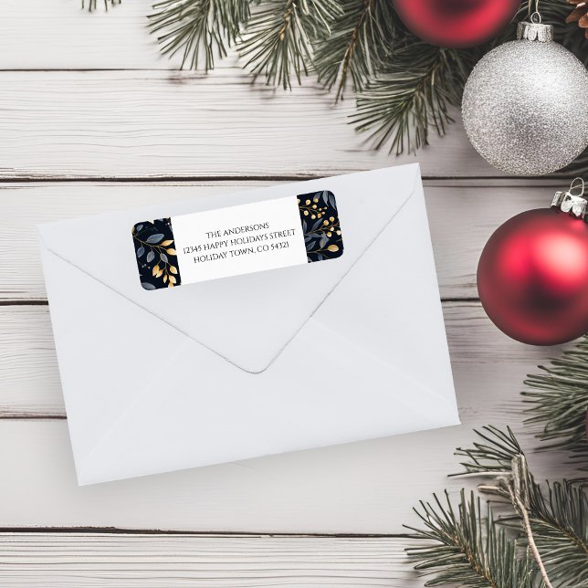Modern Blue And Gold Christmas Leaves (Blue And Gold Christmas Leaf Return Address Labels)