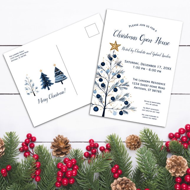 Modern Blue and Gold Christmas Tree Open House Holiday Postcard (Front and Back Modern Blue and Gold Christmas Tree Postcard)
