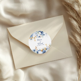 Modern Blue and Gold Floral Wedding Classic Round Sticker