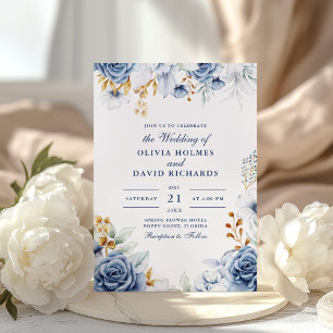 Modern Blue and Gold Floral Wedding Invitation