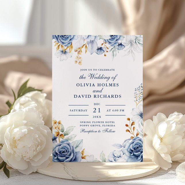 Modern Blue and Gold Floral Wedding Invitation (Modern Blue and Gold Floral Wedding Invitation on a boho table with white peonies)