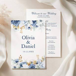 Modern Blue and Gold Floral Wedding Program Programme