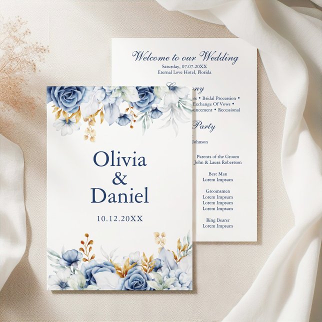 Modern Blue and Gold Floral Wedding Program Programme (Modern Bluen and Gold Floral Wedding Program on an elegant white wedding table)