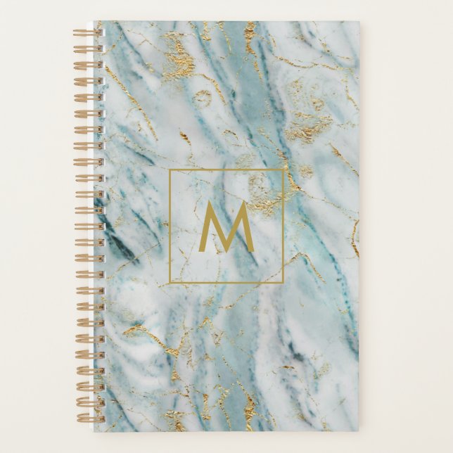 Modern Blue and Gold Marble Texture Monogrammed Planner (Front)