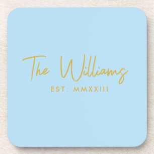 Modern Blue and Gold Script Established Date Coaster