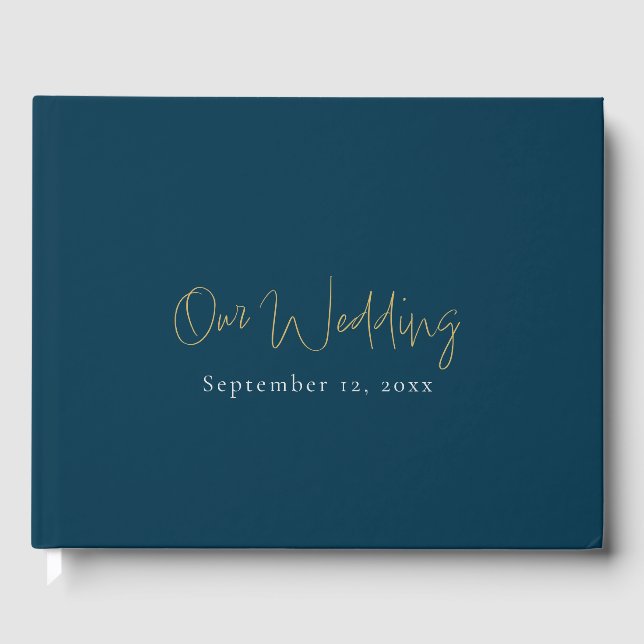 Modern blue and gold script, minimalistic wedding guest book (Front)