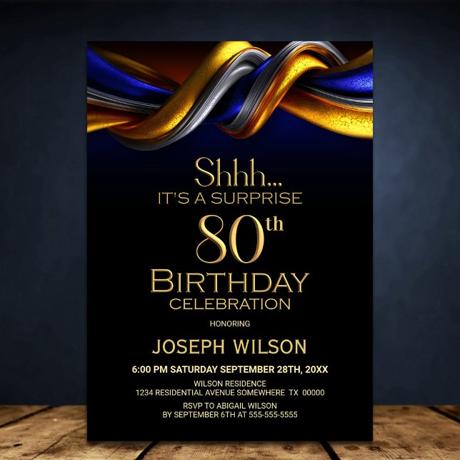 Modern Blue and Gold Surprise 80th Birthday Party Invitation (Creator Uploaded)