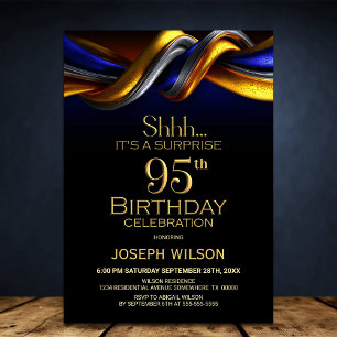 Modern Blue and Gold Surprise 95th Birthday Party Invitation