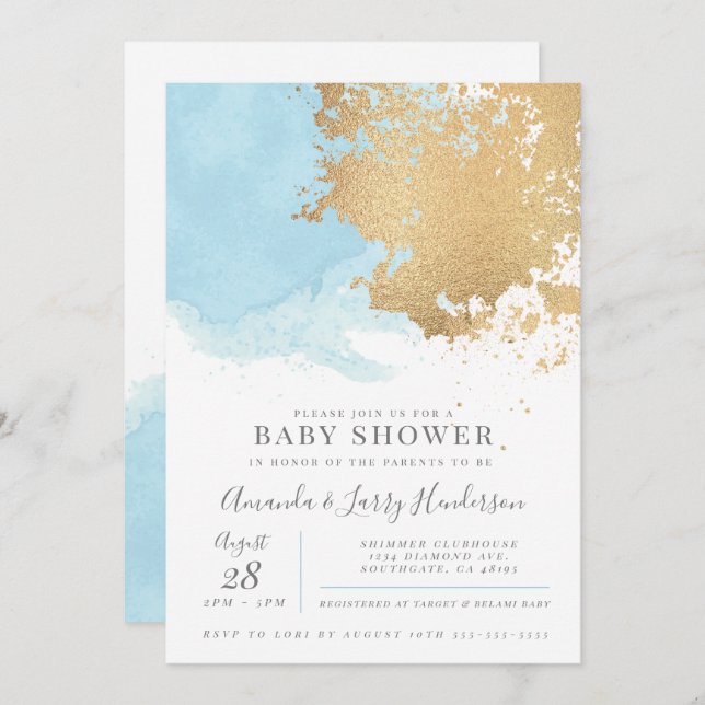 Modern Blue and Gold Watercolor Baby Shower Invitation (Front/Back)