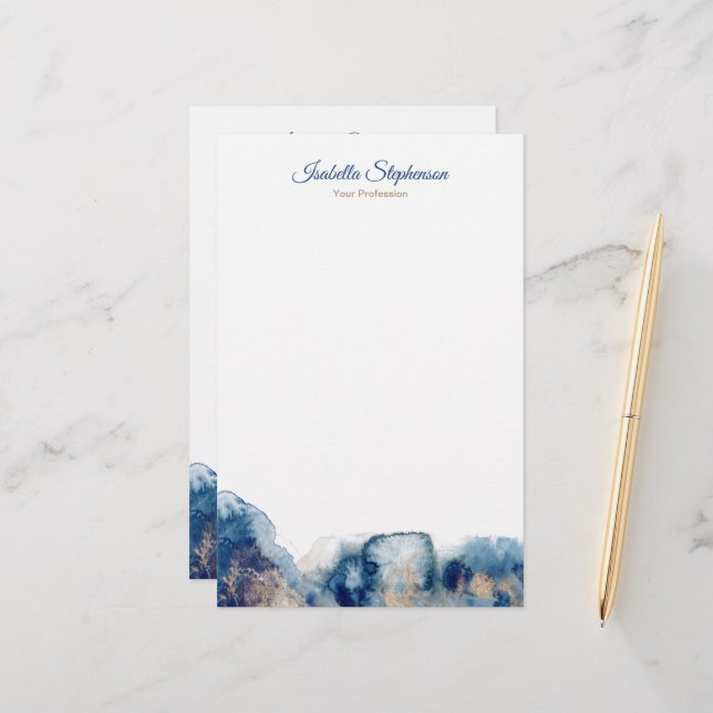 Modern Blue and Gold Watercolor Ink Personalise Stationery (Front/Back In Situ)