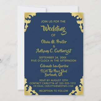Modern Blue and Gold Wedding Invitation