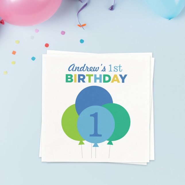 Modern Blue and Green Balloon Birthday Party Napkin (Creator Uploaded)