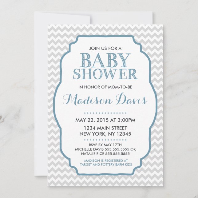 Modern Blue and Grey Chevron Baby Shower Invites (Front)