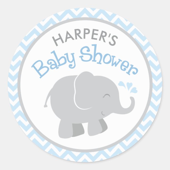 Modern Blue and Grey Elephant Boy Baby Shower Classic Round Sticker (Front)