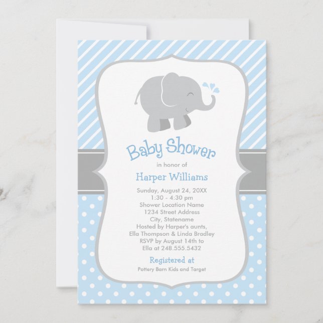 Modern Blue and Grey Elephant Boy Baby Shower Invitation (Front)