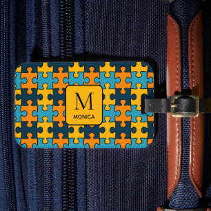 Modern Blue And Orange Puzzle Pieces Monogram Luggage Tag