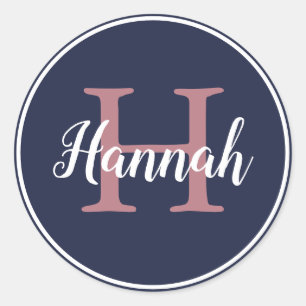 Modern Blue and Pink Script Monogram Name Classic Round Sticker