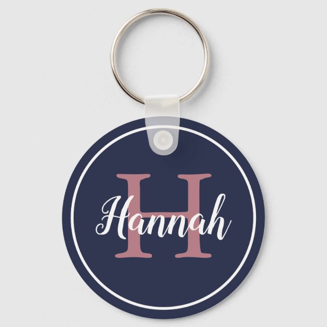 Modern Blue and Pink Script Monogram Name Key Ring (Front)
