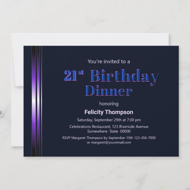 Modern Blue and Purple 21st Birthday Dinner Invitation (Front)
