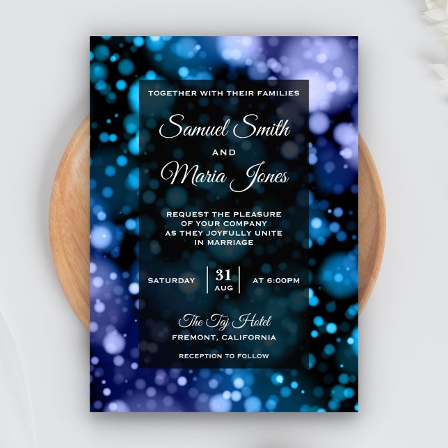 Modern Blue and Purple Bokeh Wedding Invitation (Creator Uploaded)