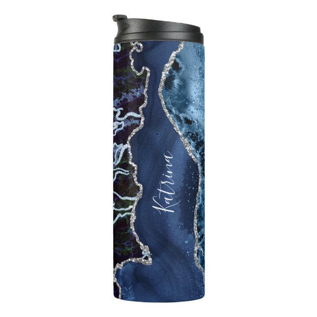 Modern Blue and Silver Agate Marbled  Thermal Tumbler (Rotated Right)