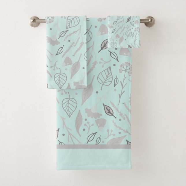 Modern Blue and SIlver Botanical    Bath Towel Set (Insitu)