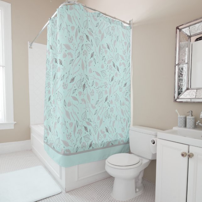 Modern Blue and SIlver Botanical   Shower Curtain (In Situ)