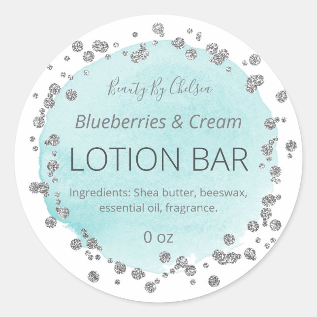 Modern Blue And Silver Glitter Lotion Bar Labels (Front)