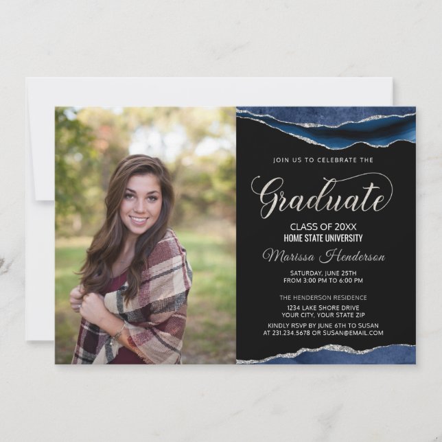 Modern Blue and Silver Graduation Photo Invite (Front)