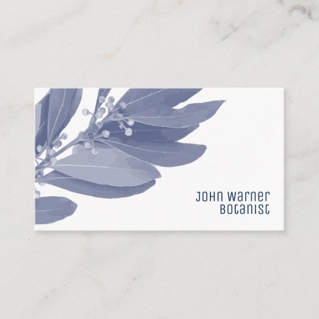 Modern Blue and White Botanical Leaves Botanist Business Card (Front)