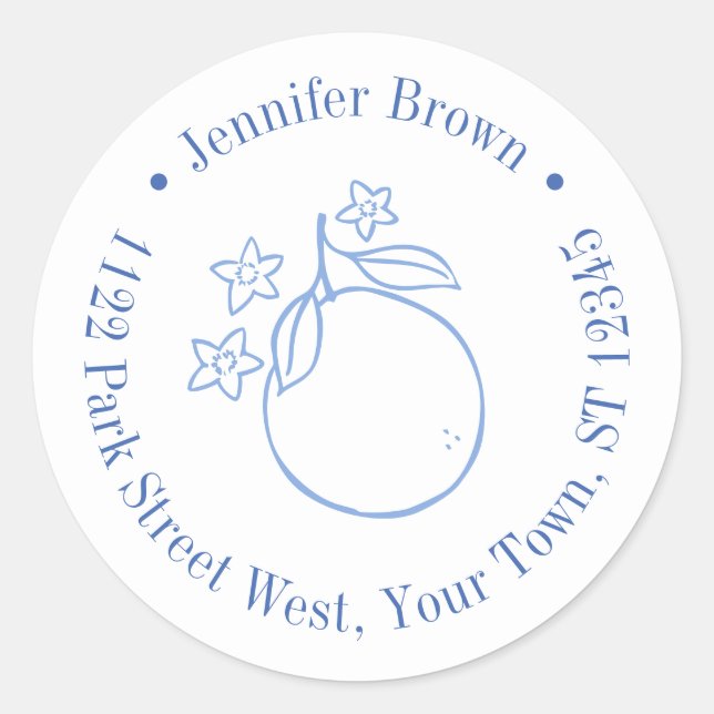 Modern Blue And White Citrus Bridal Shower Classic Round Sticker (Front)