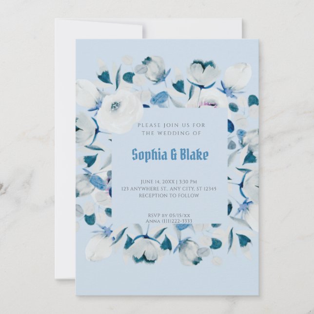 Modern Blue and White Floral Framed Blue Wedding Invitation (Front)