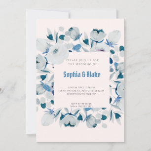 Modern Blue and White Floral Framed Cream Wedding Invitation