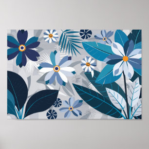 Modern Blue and White Floral with Geometric Leaves Poster