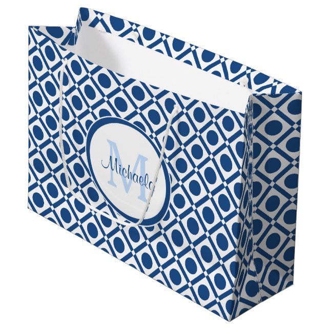 Modern Blue and White Geometric Monogram With Name Large Gift Bag (Front Angled)