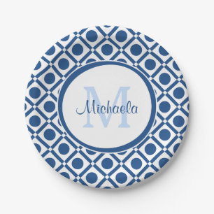 Modern Blue and White Geometric Monogram With Name Paper Plate