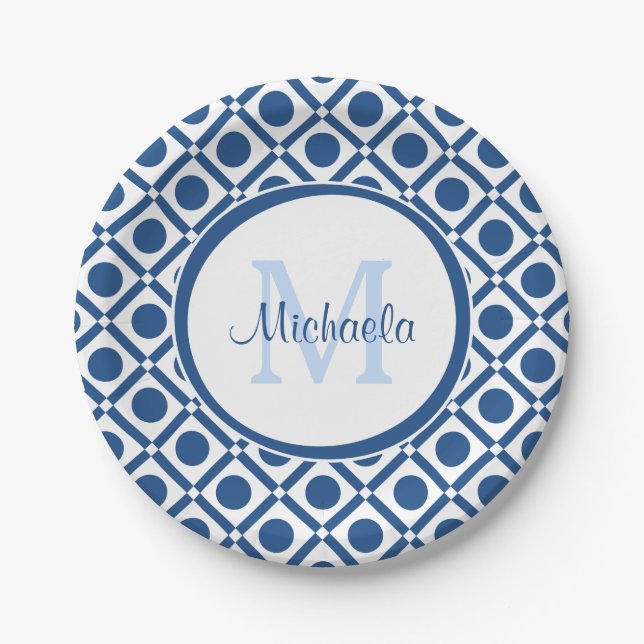 Modern Blue and White Geometric Monogram With Name Paper Plate (Front)