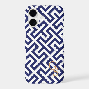 Modern blue and white geometric patterns monogram