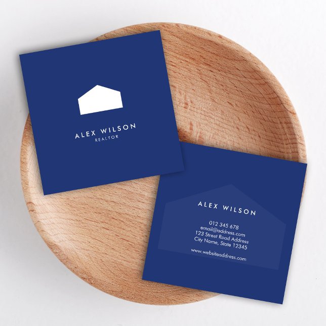 Modern Blue and White House Realtor Square Business Card (Creator Uploaded)