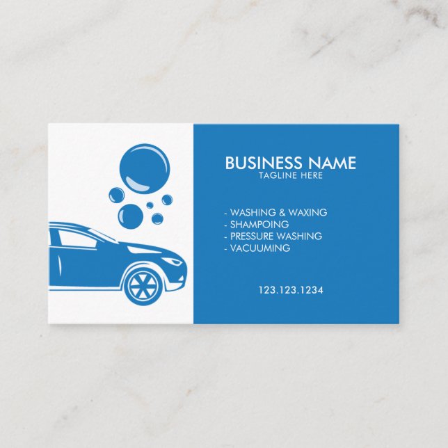 Modern Blue and White Mobile Car Wash & Detailing Business Card (Front)