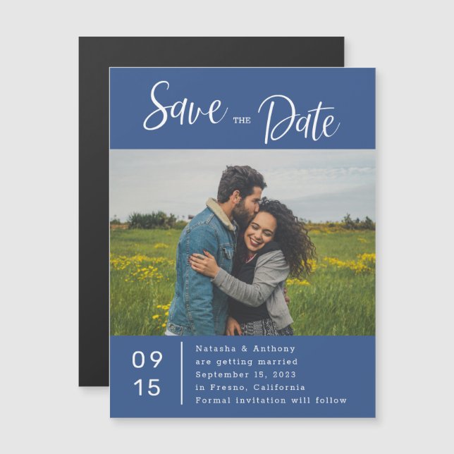 Modern Blue And White Photo Wedding Save The Date Magnetic Invitation (Front/Back)