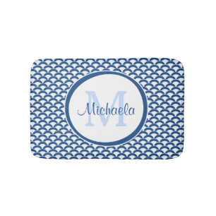 Modern Blue and White Scallops Monogram and Name Bath Mat