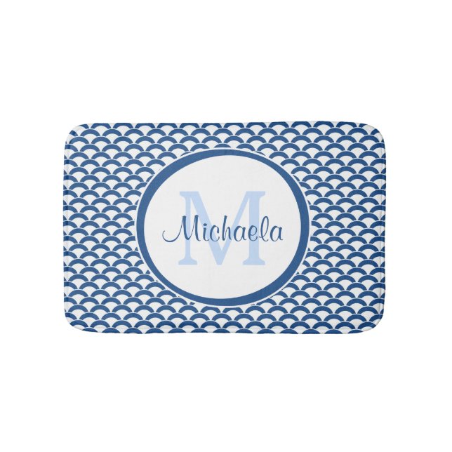 Modern Blue and White Scallops Monogram and Name Bath Mat (Front)