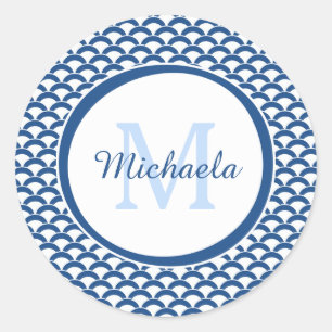 Modern Blue and White Scallops Monogram and Name Classic Round Sticker